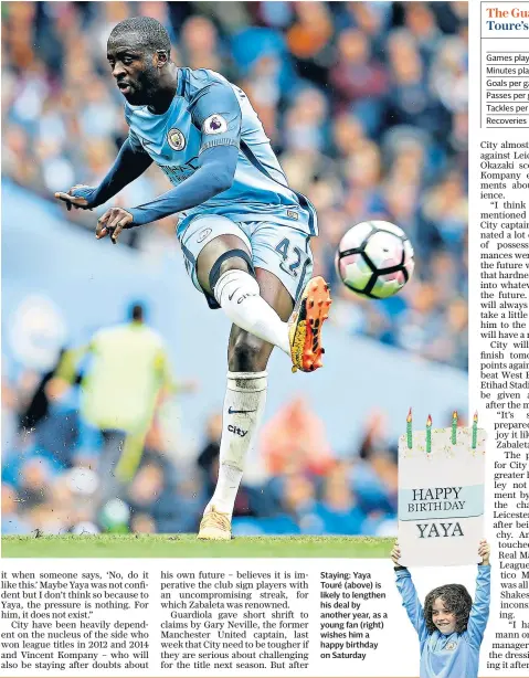  ??  ?? Staying: Yaya Touré (above) is likely to lengthen his deal by another year, as a young fan (right) wishes him a happy birthday on Saturday