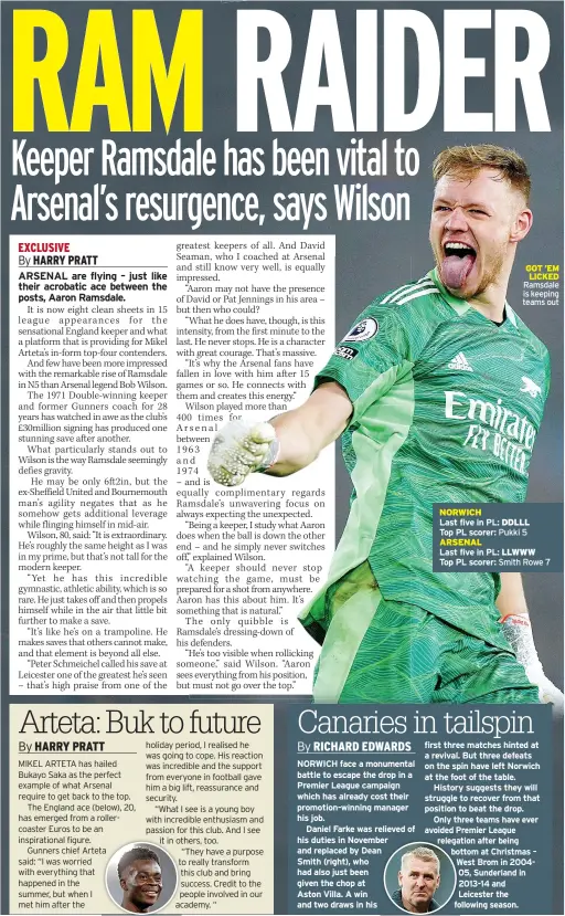  ?? ?? GOT ’EM
LICKED Ramsdale is keeping teams out
NORWICH
Last five in PL: DDLLL
Top PL scorer: Pukki 5 ARSENAL
Last five in PL: LLWWW
Top PL scorer: Smith Rowe 7