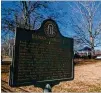  ??  ?? A historical marker is displayed in downtown Homer, seat of local government in northeast Georgia’s Banks County.