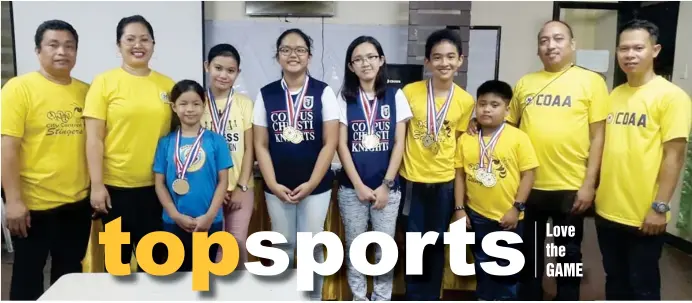  ?? (LYNDE SALGADOS) ?? CHESS QUALIFIERS. DepEd-10 arbiters flank the Cagayan de Oro qualifiers to the coming regional chess meet . From left: Canino, Garcia, Carrasco, Escarda, dela Rama and Tabacuan. Not in photo are the XU secondary boys pair of Yulo and Espiritu.
