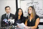  ?? Rachel Aston ?? Las Vegas Review-journal @rookie__rae Jordan Cobbs, right, addresses the media next to sister Tasha Schwikert-warren at the offices of Panish Shea &amp; Boyle in Los Angeles on Monday. The sisters filed lawsuits against USA Gymnastics and the U.S. Olympic Committee.