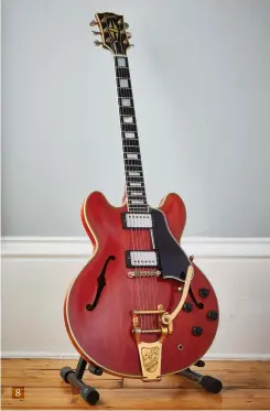  ??  ?? 8. 1959 Gibson ES-355TD in its full Cherry glory featuring a bound 22-fret, pearl block inlay ebony neck and goldplated Bigsby tremolo system 8