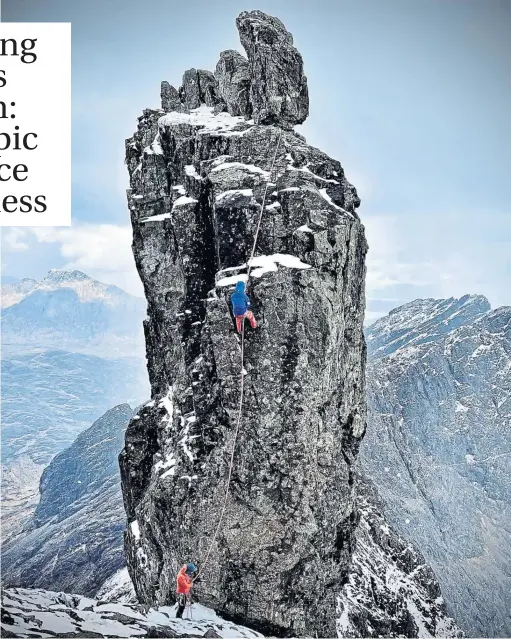  ?? ?? Shona Macpherson abseils down Inaccessib­le Pinnacle, the 150ft rock atop Sgurr Dearg, in Skye, watched by guide Andy Moles; and Munrohugge­r Shona during South Glen Shiel Ridge climb, above