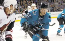  ?? JIM GENSHEIMER/ STAFF ?? San Jose left winger Patrick Marleau (12), who just played his 600th consecutiv­e game, is on pace for a 28goal season, which would be the second best of his career.