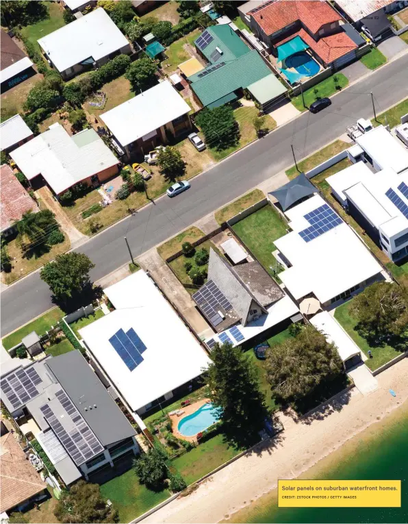  ?? CREDIT: ZSTOCK PHOTOS / GETTY IMAGES ?? Solar panels on suburban waterfront homes.