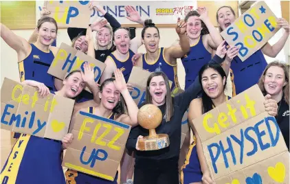  ?? PHOTO: PETER MCINTOSH ?? Team spirit . . . Physed A players celebrate winning the Dunedin premier club competitio­n at the Edgar Centre on Saturday. Pictured are (front, from left) Emily Henderson, Georgia Heffernan, Laura Moffatt, Meleitia Tatupu and Charlotte Hopcroft, (back) Holly Munro, Kate Heffernan, Mara McCurdy, Abby Erwood, Killarney Morey, Ella Brown and Sarah Boomer.