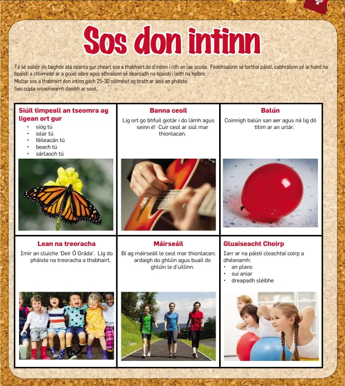  ??  ?? Siúil timpeall an tseomra ag ligean ort gur • sióg tú • iolar tú • féileacán tú • beach tú • sárlaoch tú Lean na treoracha Imir an cluiche ‘Deir Ó Gráda’. Lig do pháiste na treoracha a thabhairt. Banna ceoil Lig ort go bhfuil giotár i do lámh agus seinn é! Cuir ceol ar siúl mar thionlacan. Máirseáil Bí ag máirseáil le ceol mar thionlacan; ardaigh do ghlúin agus buail do ghlúin le d’uillinn. Balún Coinnigh balún san aer agus ná lig dó titim ar an urlár. Gluaiseach­t Choirp Iarr ar na páistí cleachtaí coirp a dhéanamh: • an planc • suí aniar • dreapadh sléibhe