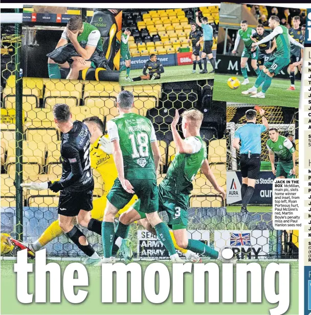  ?? ?? JACK IN THE BOX McMillan, main pic, slots home winner and inset, from top left, Ryan Porteous hurt, Paul McGinn’s red, Martin Boyle’s penalty miss and Paul Hanlon sees red