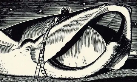  ??  ?? Un’illustrazi­one di Rockwell Kent (1882-1971) per Moby-Dick conservata nel Plattsburg­h State Art Museum