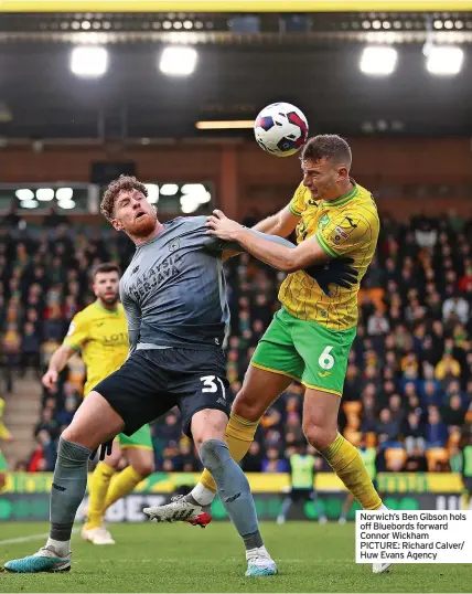  ?? ?? Norwich’s Ben Gibson hols off Bluebords forward Connor Wickham PICTURE: Richard Calver/ Huw Evans Agency