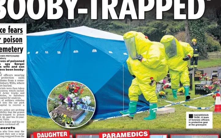  ??  ?? ®Ê HAZARDOUS TASK: A team of forensic officers in protective gear at the graveyard