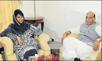  ?? PTI ?? Union home minister Rajnath Singh during a meeting with Jammu and Kashmir chief minister Mehbooba Mufti in Srinagar on Saturday.