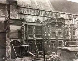  ??  ?? Left: Sir Giles Gilbert Scott recorded the passageway after his workmen discovered it when restoring war-damaged cloisters 1948–52