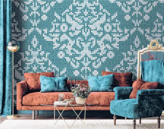  ?? ARTAIC ?? Artaic’s Dramati Turquoise from the Ornamental & Damask Collection. Artaic uses proprietar­y robotic technology and Tylist software to create custom tile mosaics.