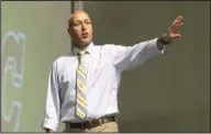  ?? The Sentinel-Record/Richard Rasmussen ?? SHARING THE STORY: Joe Sanfelippo, superinten­dent of Fall Creek School District in Fall Creek, Wis., speaks to Arkansas educators at the Arkansas Department of Education Data Conference at the Hot Springs Convention Center Thursday.