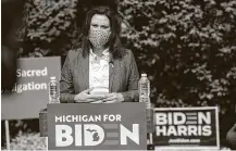  ?? Nicole Hester / Associated Press ?? Gov. Gretchen Whitmer of Michigan speaks during a campaign event for Joe Biden in Battle Creek on Tuesday.