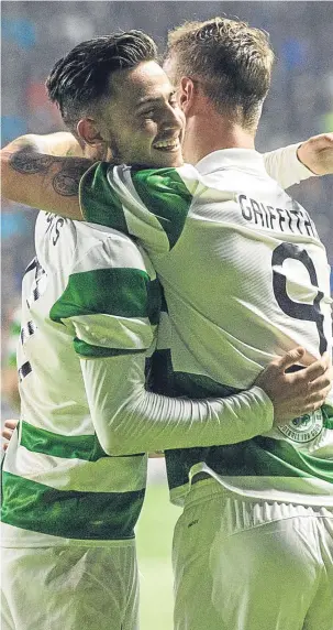 ??  ?? Patrick Roberts (left) celebrates with Celtic scorer Leigh Griffiths.