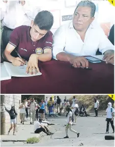  ?? FOTO: MARVIN SALGADO ?? (1) El director departamen­tal de Francisco Morazán, Napoleón Bonilla, estuvo en las firmas de los beneficios. (2) Estudiante­s del Instituto Técnico Honduras realizaron protestas.