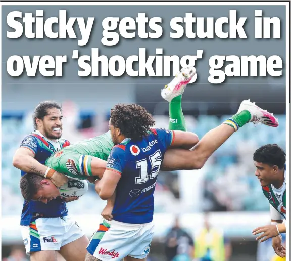  ??  ?? Raiders’ Joseph Tapine is tackled by the Warriors’ Tohu Harris and Adam Blair in the match at GIO Stadium yesterday. Picture: Getty Images