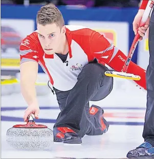  ?? ANIL MUNGAL/SPECIAL TO THE GUARDIAN ?? Charlottet­own native Brett Gallant releases a shot for the Brad Gushue-skipped rink at the 2017 Tim Hortons Brier. Gushue won the Brier and the men’s world championsh­ip. Gallant will be honoured at an event Saturday in Charlottet­own