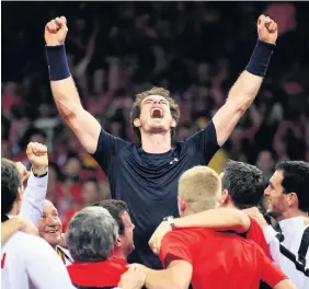  ?? Andrew Milligan & Owen Humphreys/PA ?? Andy Murray is mobbed after defeating David Goffin of Belgium in the 2015 Davis Cup final and, below, shows off his second Olympic gold medal following his victory over Juan Martin del Potro at Rio 2016