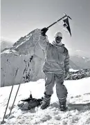  ??  ?? Winterstel­ler, left, on the summit of Broad Peak with K2 in the background, and on the same expedition in 1957, right