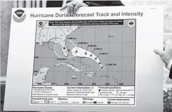  ?? ERIN SCHAFF/THE NEW YORK TIMES 2019 ?? Then-President Trump holds an outdated chart of Hurricane Dorian’s expected path.