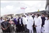  ?? ?? CM Uddhav Thackeray along with Union Minister Narayan Rane, DCM Ajit Pawar, Revenue Minister Balasaheb Thorat at the launch of Chipi Airport in Sindhudurg.