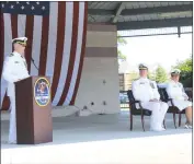  ??  ?? Capt. Michael O’Leary assumes command of Naval Support Activity South Potomac in front of Rear Admiral Charles Rock and Capt. Mary Feinberg.