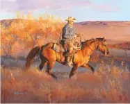  ??  ?? 8. Curt Mattson, Too Close for Comfort, bronze, ed. of 9, 31½ x 20¼ x 13¼" 9. Brian Lebel’s Old West Show &amp; Auction, Horse Ranch, oil on canvas,28 x 38", by Olaf Wieghorst (1899-1988). 10. Bill Nebeker, Born to Run, bronze, 16 x 18 x 8" 11. Amanda Cowan, Taking a Breather, oil on canvas, 8 x 10" 12. Trailside Galleries, Long Trot, acrylic, 18 x 22½", by Mikel Donahue. 12