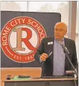  ?? Adam Carey ?? Rome Mayor Craig Mcdaniel speaks at the unveiling of the Literacy Compass guidebook Wednesday at the Rome City Schools College and Career Academy.