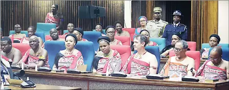  ?? ?? ( Front L- R) Cabinet ministers; Chief Ndlaluhlaz­a, Prince Simelane, Pholile Shakantu, Lindiwe Dlamini, Neal Rijkenberg, DPM Themba Masuku and PM Cleopas Dlamini, following proceeding­s.