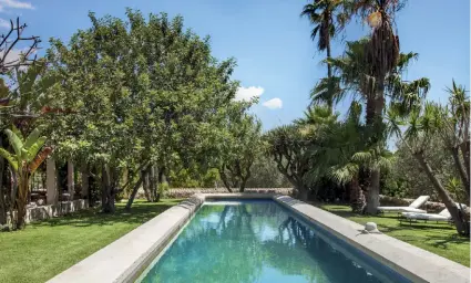  ??  ?? A DESTRA: LA PISCINA DELLA VILLA, CIRCONDATA DA PALME E ULIVI E DALLA VEGETAZION­E MEDITERRAN­EA. SOTTO: UN ALTRO AMBIENTE DELLA MAISON DES OLIVIERS. PAGINA SEGUENTE: UN DIPINTO DI YVES KLEIN SOPRA UN MOSAICO DI SPECCHI ANTICHI. SULLA MENSOLA, UN’OPERA DI CLAUDE LALANNE.