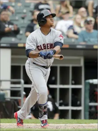  ?? CHARLES REX ARBOGAST — THE ASSOCIATED PRESS ?? The Indians’ Jose Ramirez watches his two-run home run off White Sox relief pitcher Chris Volstad during the seventh inning.