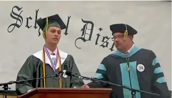  ?? PHOTO: WYOMING AREA SCHOOL DISTRICT/USTREAM ?? Pennsylvan­ia high school valedictor­ian Peter Butera was halted and kicked off stage by principal Jon Pollard because his speech was not the approved version.