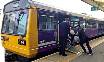  ?? CHRIS MILNER ?? Above: A passenger is wheeled up the ramp into ‘Pacer’ No. 142015 at Middlesbro­ugh station on October 3, 2019. The availabili­ty of staff and a ramp for the wheelchair can often prove to be an issue, particular­ly when travel assistance communicat­ions fail.