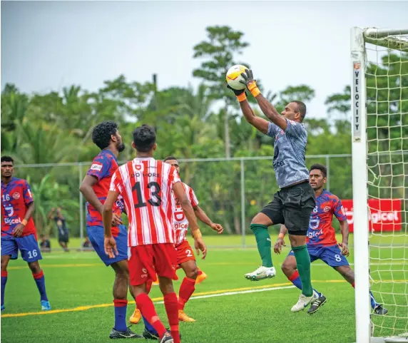  ?? Photo: Leon Lord. ?? Veteran Labasa goalkeeper Simione Tamanisau makes a save against Navua in their Digicel Fiji Premier League clash at Uprising Sports Centre in Pacific Harbour, Deuba, on April 23, 2023.