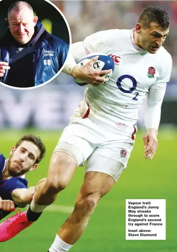  ??  ?? Vapour trail: England’s Jonny May streaks through to score England’s second try against France