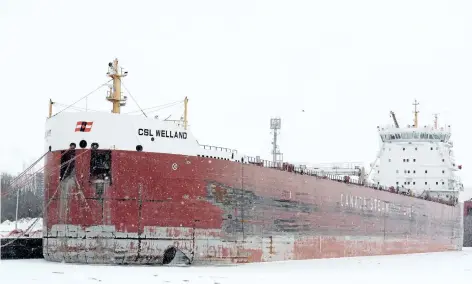  ?? DAVE JOHNSON/WELLAND TRIBUNE ?? CSL Welland sits at the Snider Dock in Port Colborne. The vessel is one of five docked in the city for the winter season. St. Lawrence Seaway Management Corp. said 38 million tonnes of cargo moved through the system in 2017.