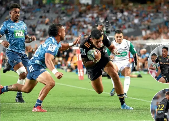  ?? GETTY IMAGES/PHOTOSPORT ?? Solomon Alaimalo is about to score a crucial try for the Chiefs in their pulsating win over the Blues in the Super Rugby season-opener in Auckland last night. Inset, Anton Lienert-Brown, above, and Aaron Cruden made telling contributi­ons off the bench for the Hamilton-based franchise.