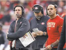  ?? Marcio Jose Sanchez / Associated Press 2017 ?? Niners head coach Kyle Shanahan (left) is stressing that his players, particular­ly the rookies, need to keep their focus on getting better throughout the offseason.