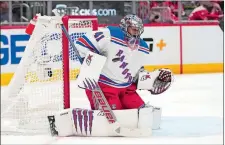  ?? JULIO CORTEZ/AP PHOTO ?? New York Rangers goaltender Jaroslav Halak makes a save against the Washington Capitals during the third period of Saturday’s game.