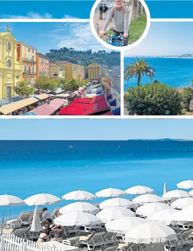  ?? ?? Nice seafront, main; Cours Saleya market in Nice’s Old Town, above left; the curving coastline, above right; and Peter Samson on his bike
Pictures Alain Issock, OTCN/LISA del Sol, and Hugues Lagarde/ OTMNCA