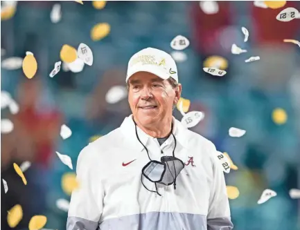  ?? MARK J. REBILAS/USA TODAY SPORTS ?? Alabama coach Nick Saban celebrates after defeating Ohio State in the College Football Playoff championsh­ip game on Jan. 11 in Miami Gardens, Fla.