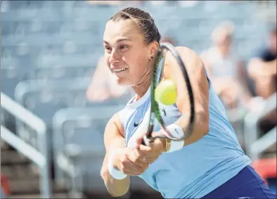  ?? Graham Hughes / Associated Press ?? Aryna Sabalenka returns to Karolina Pliskova during the semifinals of the National Bank Open on Aug. 14 in Montreal.