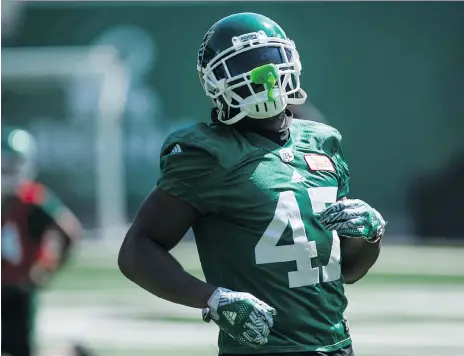  ?? BRANDON HARDER ?? Linebacker Sam Eguavoen, shown at practice Wednesday, has had a strong first half of the season for the Roughrider­s.