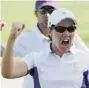  ?? ED ANDRIESKI/ The Associated Press ?? Europe’s Carlota Ciganda of Spain, reacts after saving par on the 15th hole during four-ball matches at the Solheim Cup in Parker, Colo.