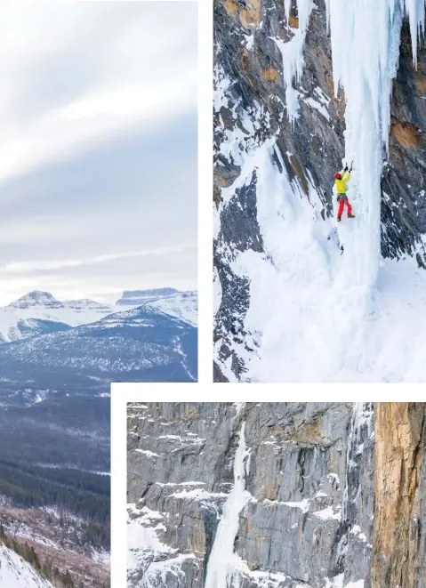  ??  ?? Above: Steve Campbell on Saddam’s Insane WI5 in Kananaskis, Alta.Left: Seb Taborszky climbing SacreBleu in Banff National Park, Alta.