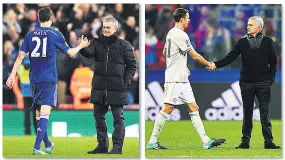  ??  ?? HANDY RELATIONSH­IP Mourinho congratula­tes Matic while at the Chelsea helm in December 2014 and (above right) shaking hands with the Serbian ace last September