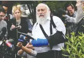  ?? DENIS POROY / THE ASSOCIATED PRESS ?? Rabbi Yisroel Goldstein, injured in Saturday's shooting at Chabad of Poway synagogue near San Diego, speaks at a news conference on Sunday.